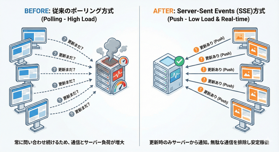 従来のポーリング方式とServer-Sent Events(SSE)方式の通信アーキテクチャとサーバー負荷の比較図解